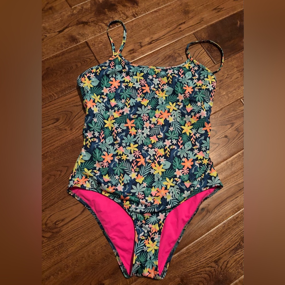 Chubbies Blue and Pink One Piece Swimsuit Vibrant Floral Design